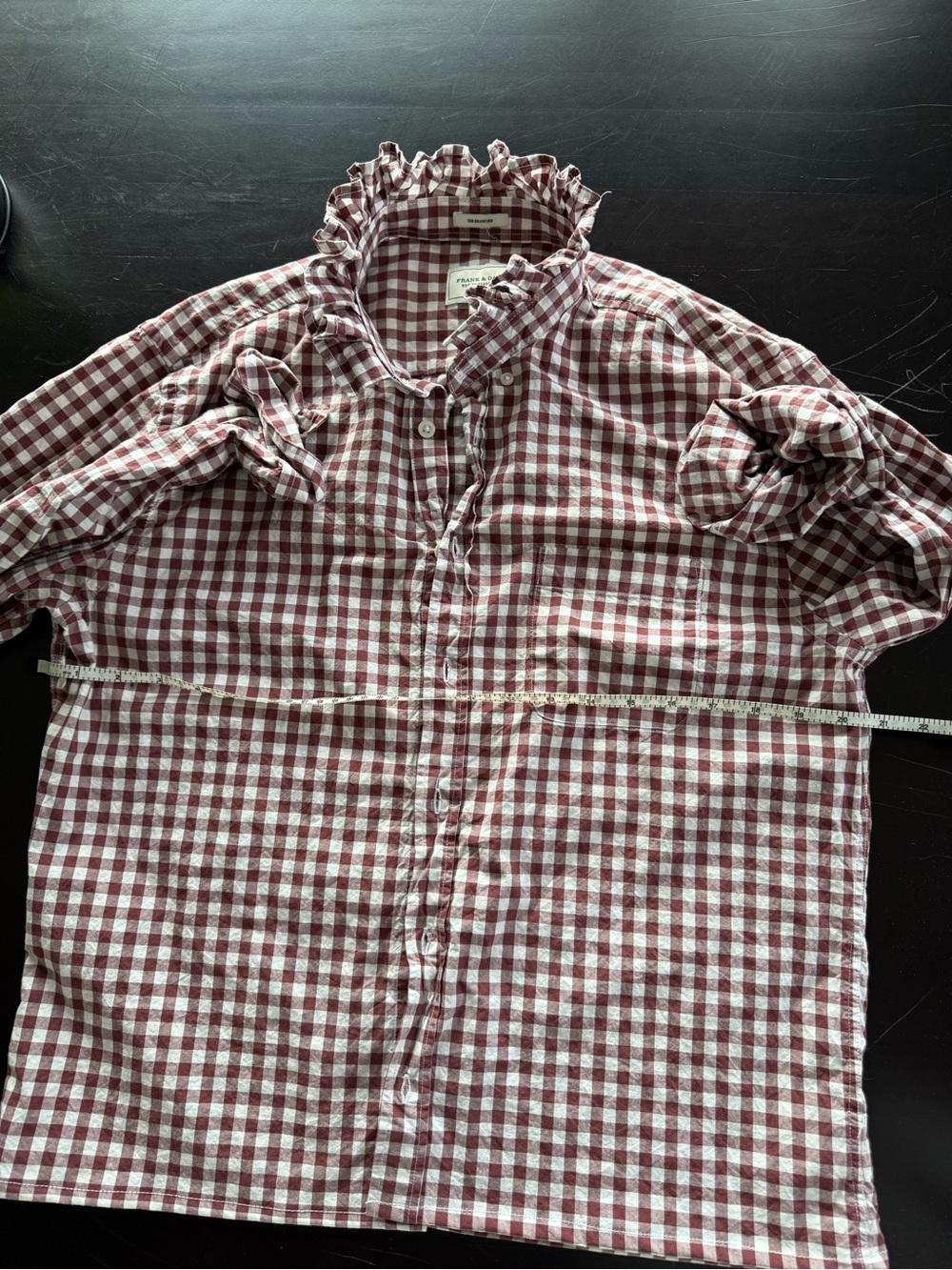 One of a kind up cycled dress shirt with ruffled collar